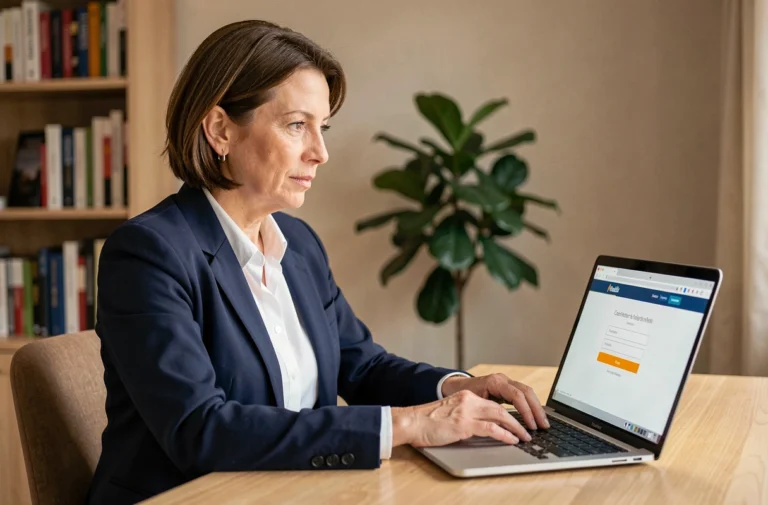 Femme utilisant un webmail sécurisé sur son ordinateur portable dans un bureau à domicile