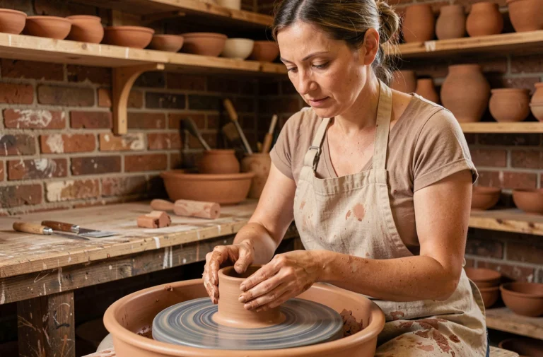 Femme adulte façonnant un bol en argile sur un tour de poterie dans un atelier artisanal rustique, activité créative et manuelle