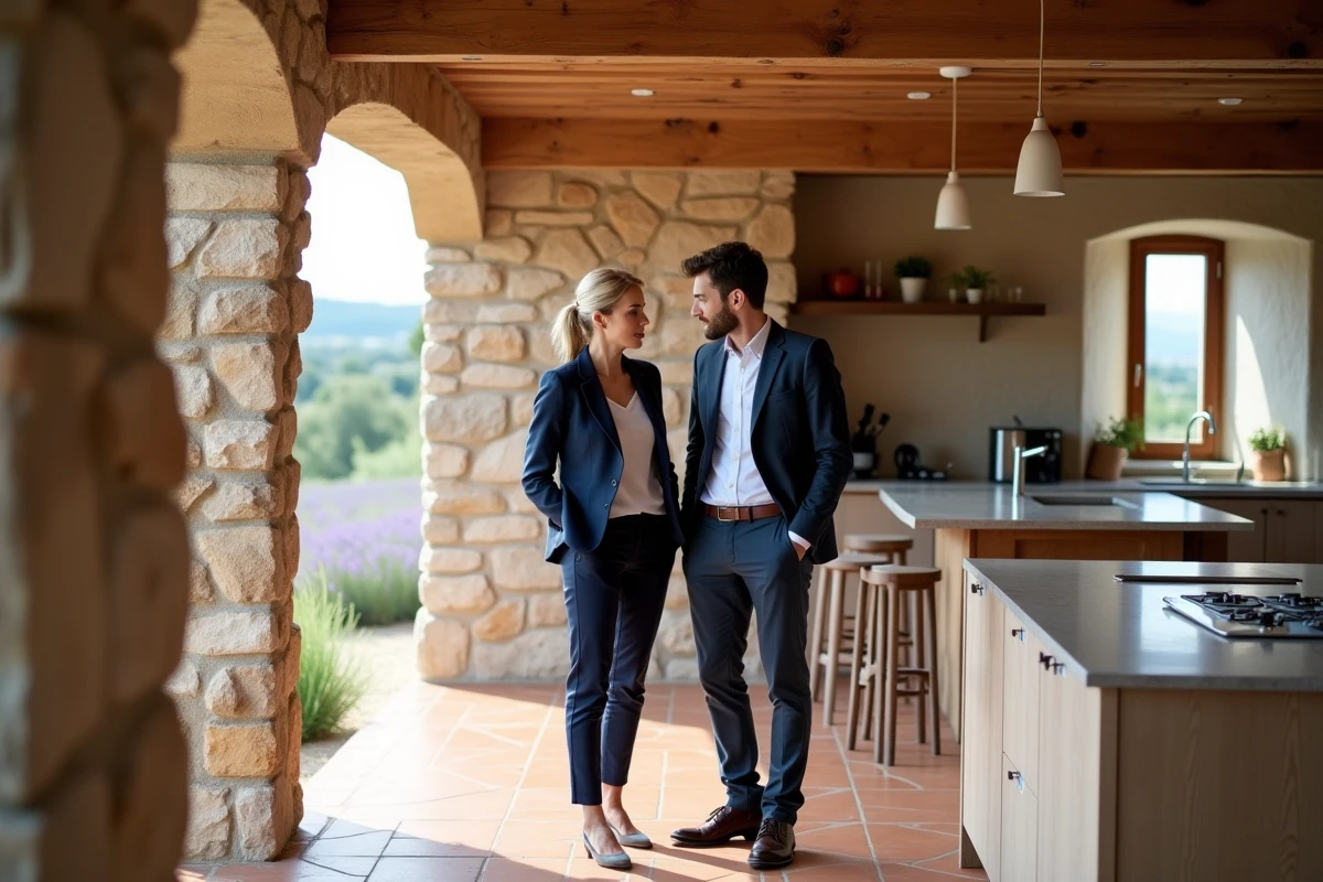 Agent immobilière présentant une maison de campagne rénovée en Provence à un acheteur