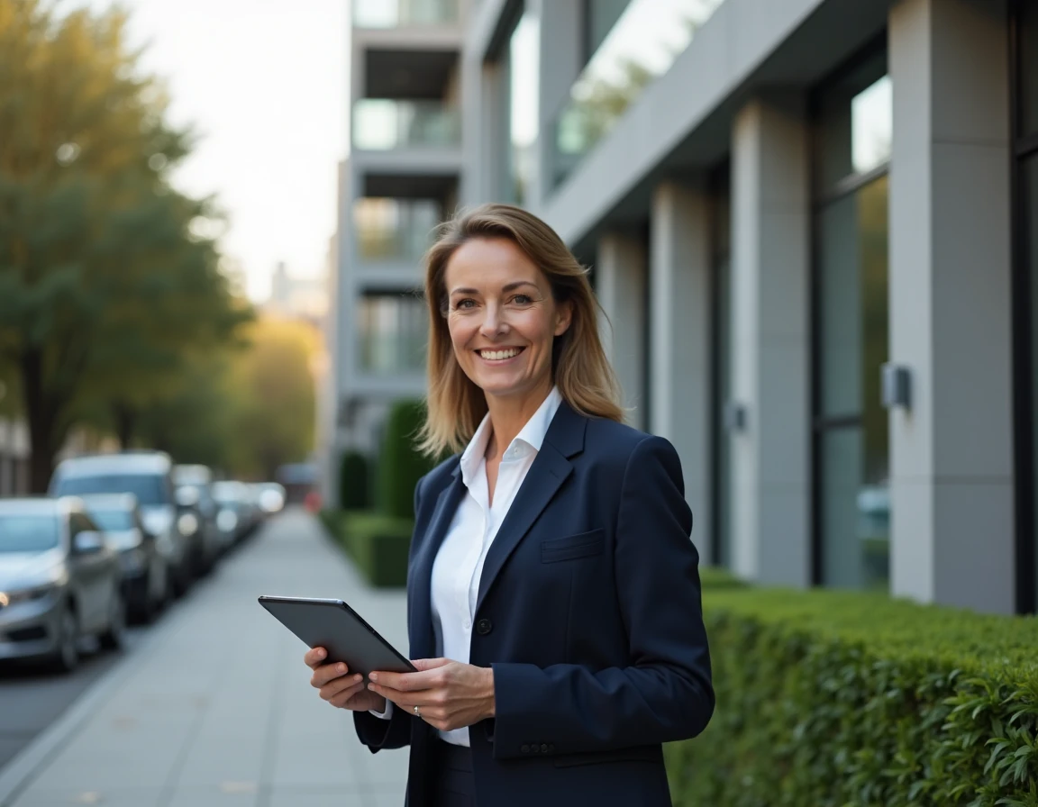 Agent immobilier professionnelle tenant une tablette devant un immeuble moderne en 2024