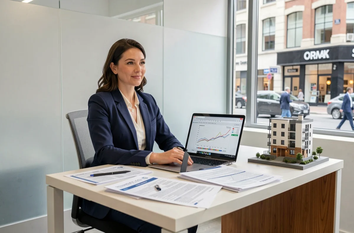 Agente immobilière analysant des données de valorisation de biens et des graphiques de prix de l'immobilier dans une agence moderne