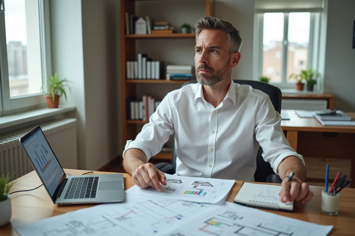 Investisseur immobilier analysant des plans et des données financières dans un bureau à domicile