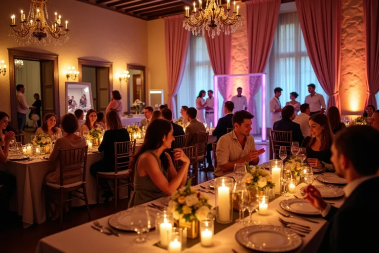 Salle de réception de mariage animée avec des invités participant à diverses activités festives et créatives