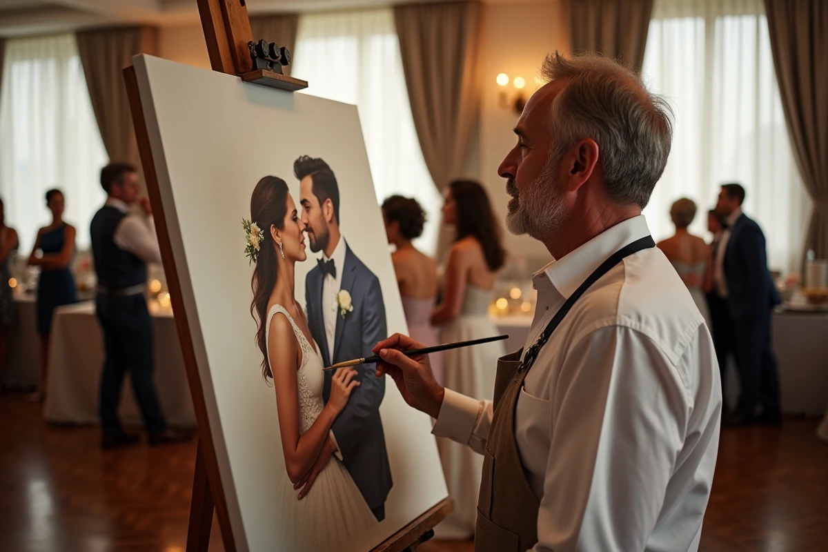 Artiste peintre réalisant un portrait en direct des mariés lors de la réception de mariage