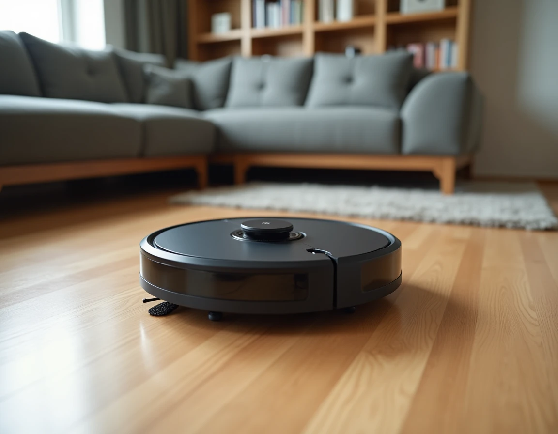 Aspirateur robot moderne sur parquet en chêne dans un salon contemporain, vue de face montrant les détails de la brosse et des capteurs