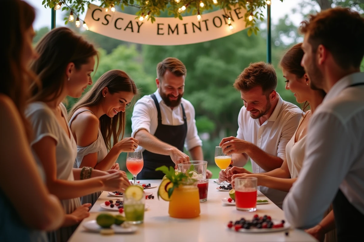Invités de mariage participant à un atelier cocktail DIY encadré par un mixologue lors de la réception