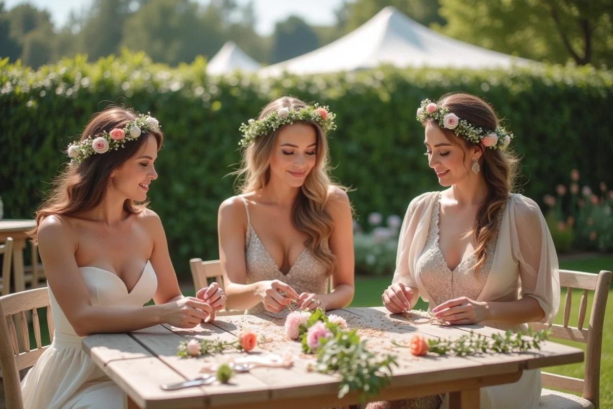 Femmes invitées au mariage confectionnant des couronnes de fleurs lors d'un atelier en plein air