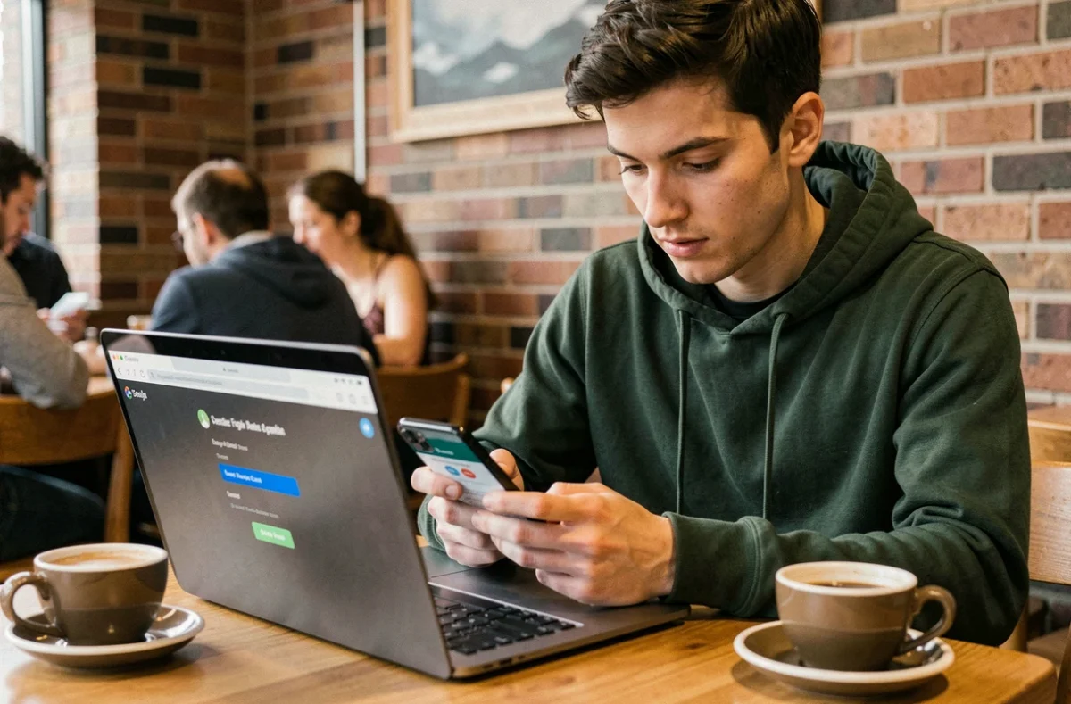 Utilisateur vérifiant son identité avec une authentification à deux facteurs pour accéder à son webmail dans un café