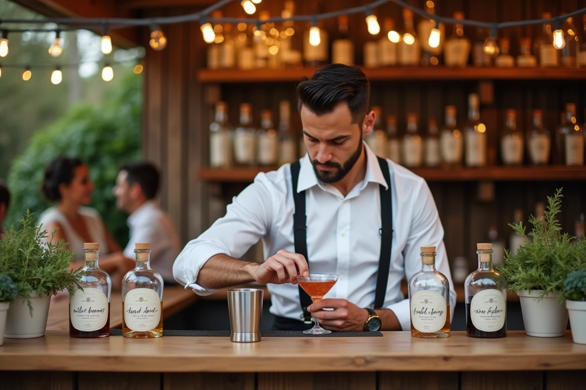 Barman préparant un cocktail signature lors d'un mariage avec un bar décoré et des invités souriants