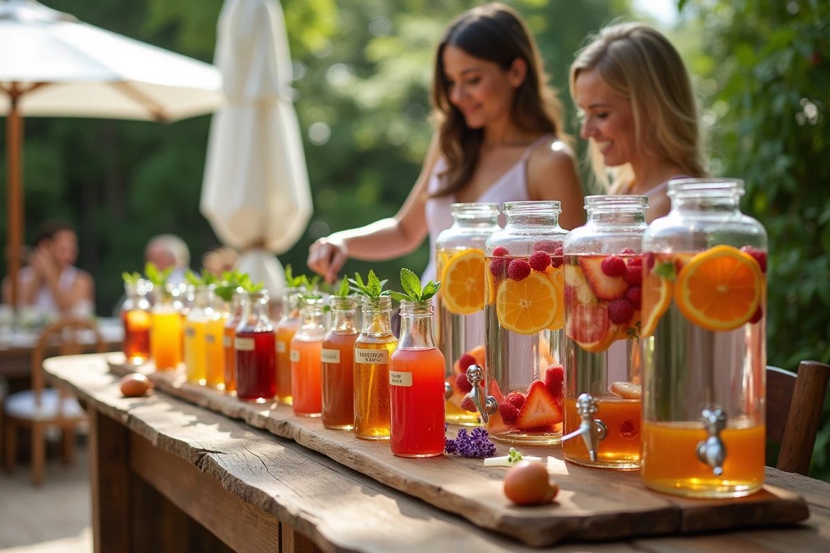 Bar à sirops et eaux aromatisées colorés lors d'un mariage en plein air avec une invitée se servant