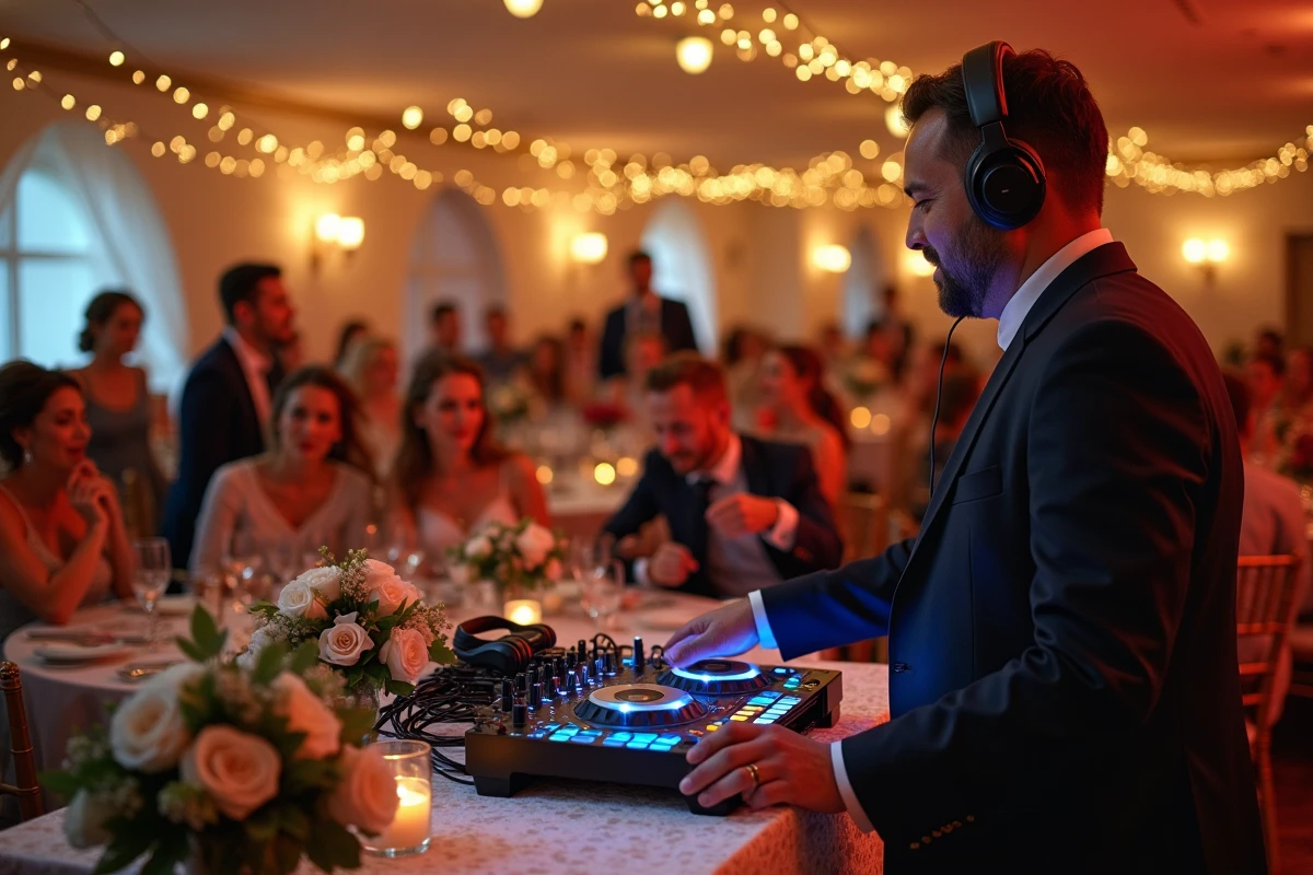 Animateur et invités de mariage participent à un blind test musical animé lors de la réception