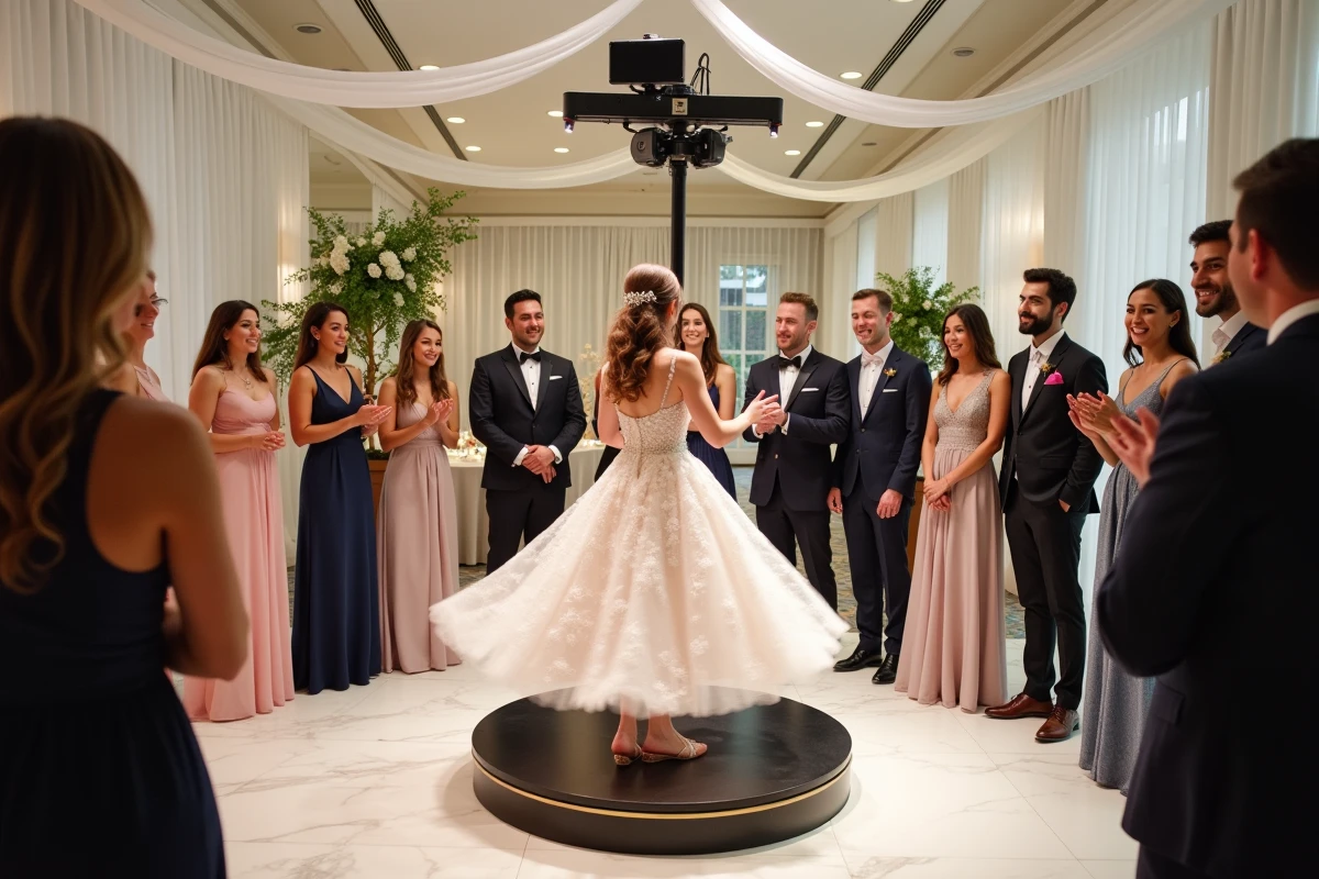 Invités de mariage autour d'une borne photo 360° lors d'une réception élégante