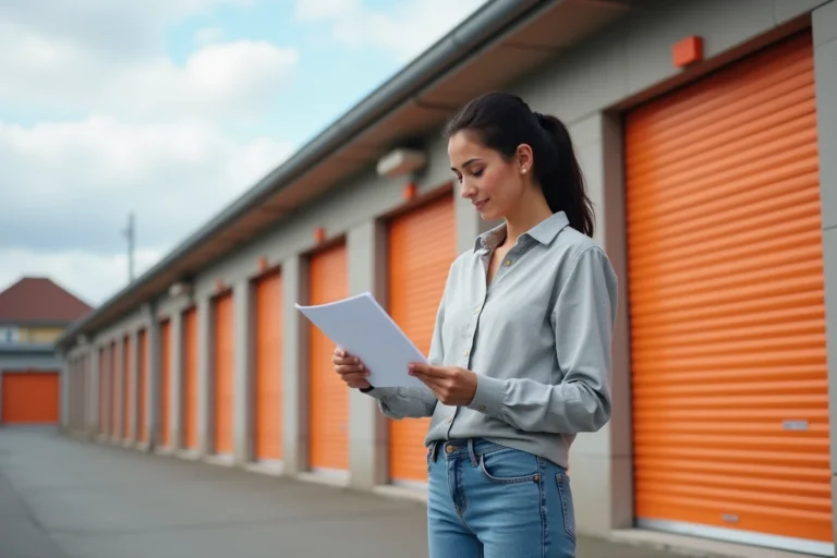 Femme consultant un contrat devant une façade de box de stockage moderne à Pessac avec portes métalliques orangées