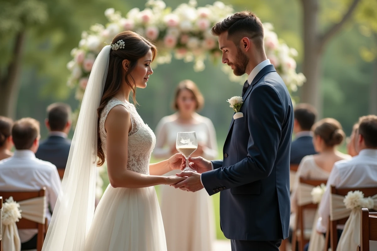 Couple de mariés réalisant une cérémonie du sable symbolique lors de leur mariage en plein air