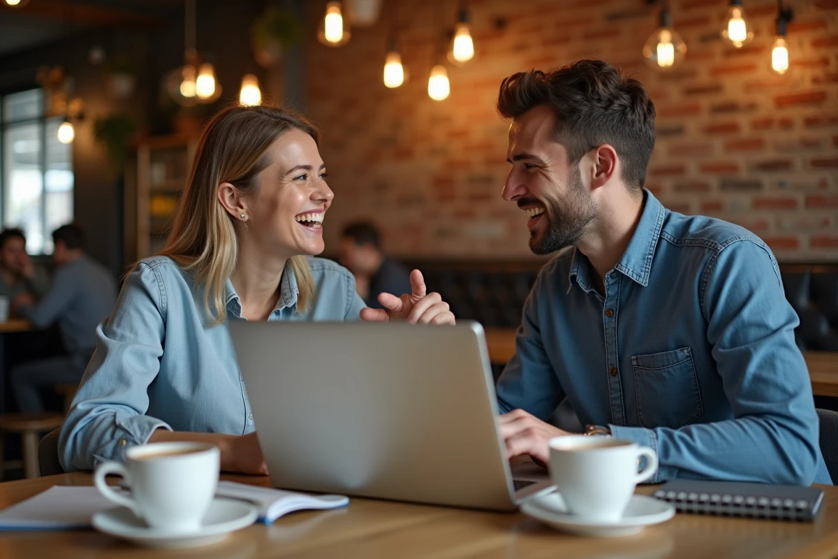 Deux collègues discutant de stratégies de business en ligne autour d'un café dans un espace de travail urbain tendance