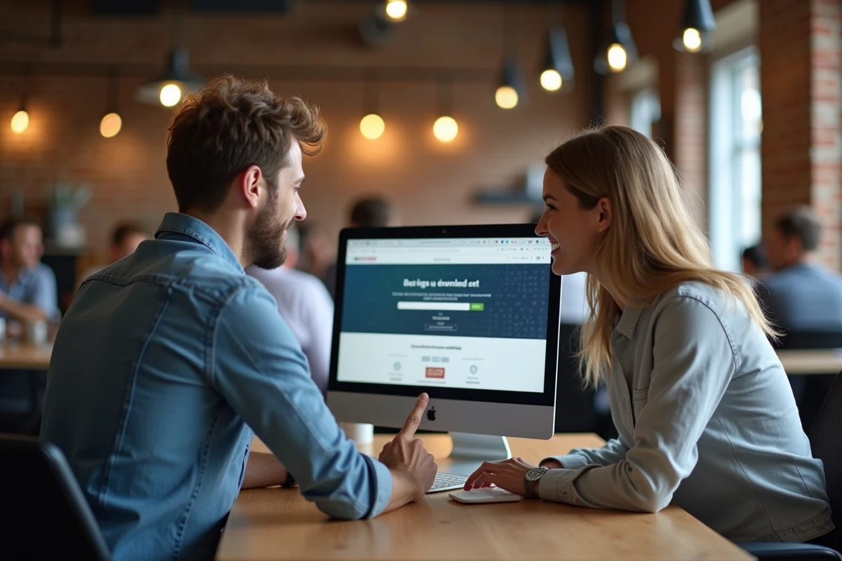 Deux collègues consultant un site de téléchargement mis à jour sur un ordinateur de bureau en espace de coworking