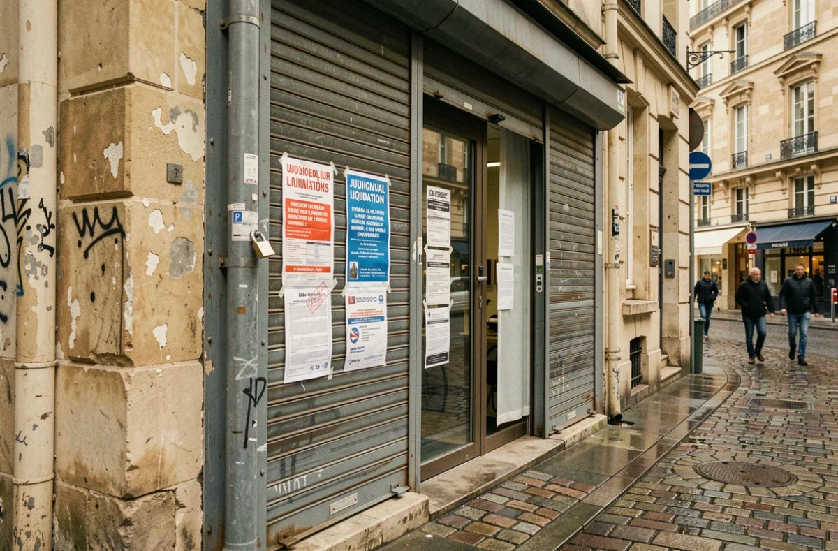 Devanture de commerce fermée avec avis de liquidation judiciaire affiché sur la vitrine dans une rue française