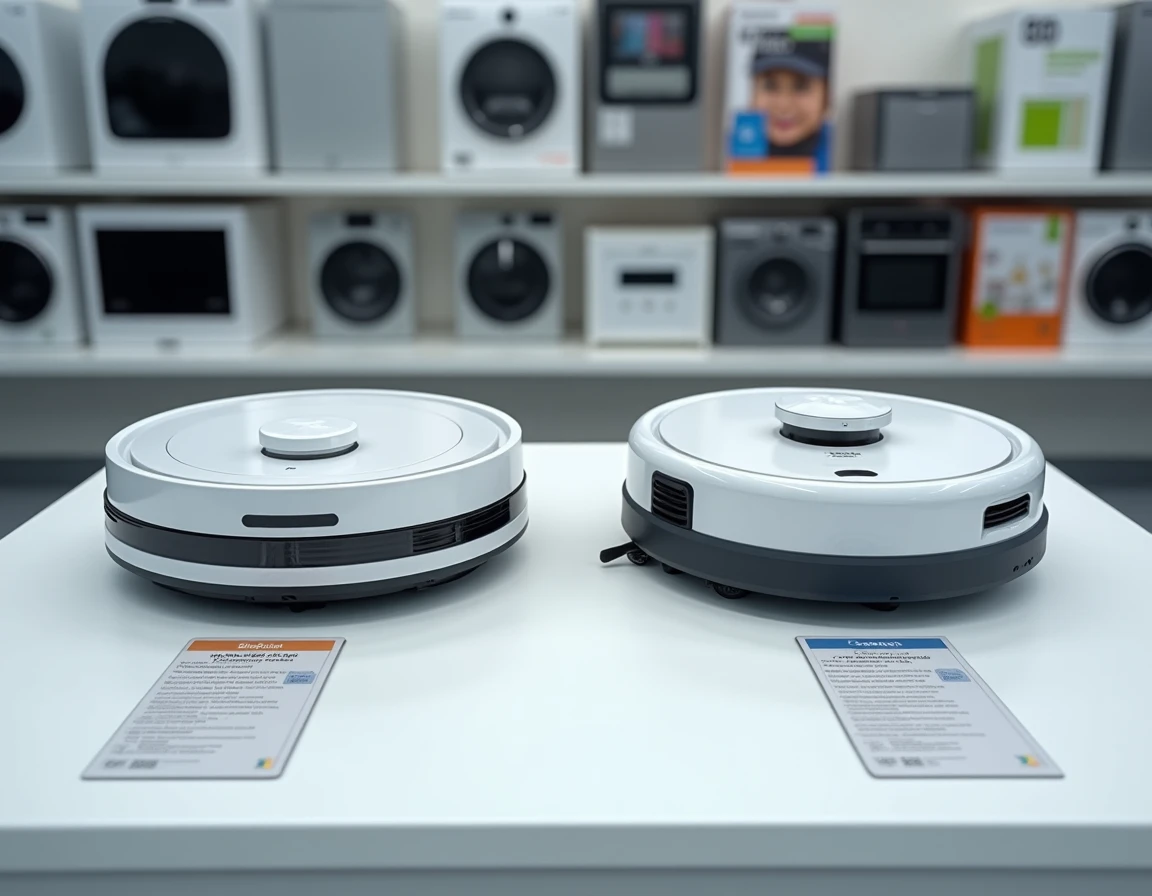 Deux aspirateurs robots exposés côte à côte sur un présentoir en magasin d'électroménager, comparaison de modèles avec fiches techniques