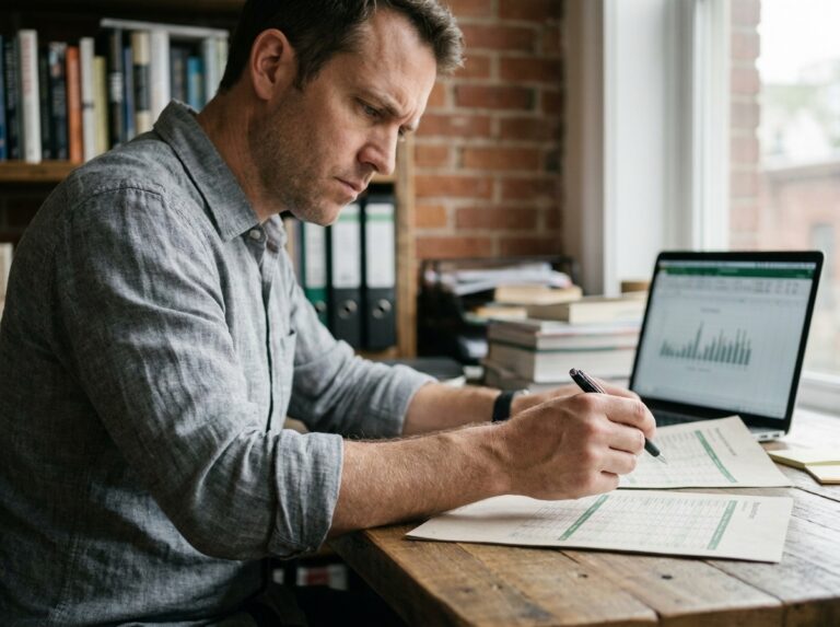 Freelance comparant ses revenus nets avec un contrat de salarié porté sur des documents financiers imprimés dans un bureau à domicile