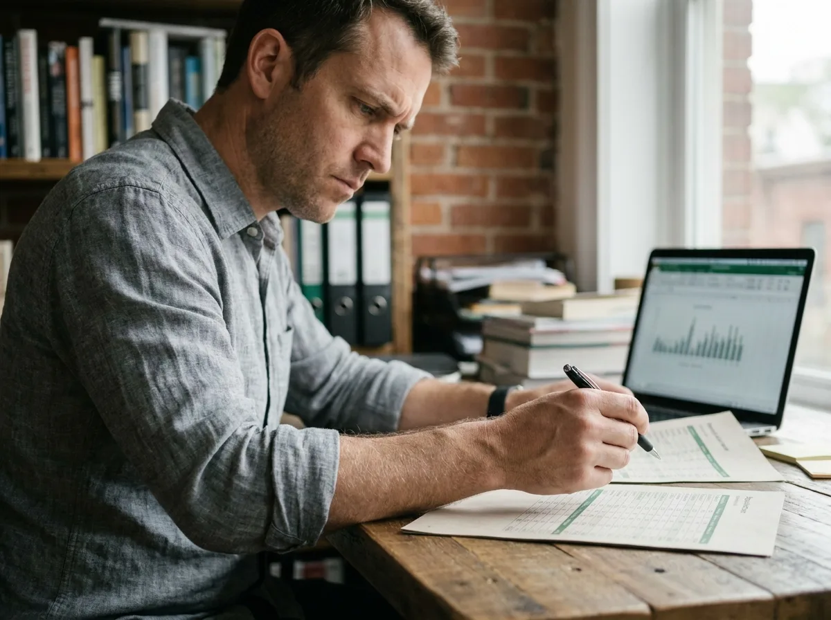 Freelance comparant ses revenus nets avec un contrat de salarié porté sur des documents financiers imprimés dans un bureau à domicile