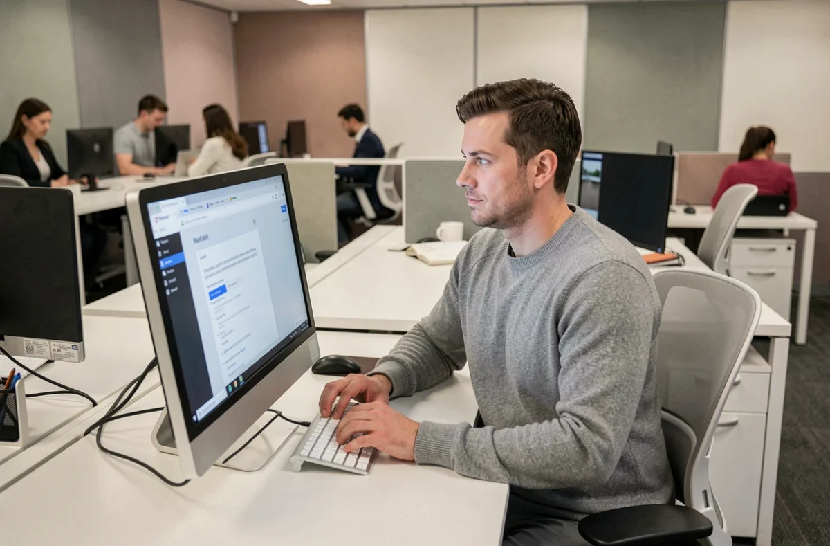 Homme se connectant à un webmail professionnel depuis un poste de travail en open space