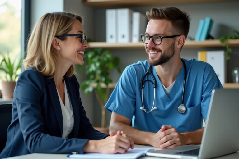Consultante RH parlant avec un professionnel de santé dans un bureau