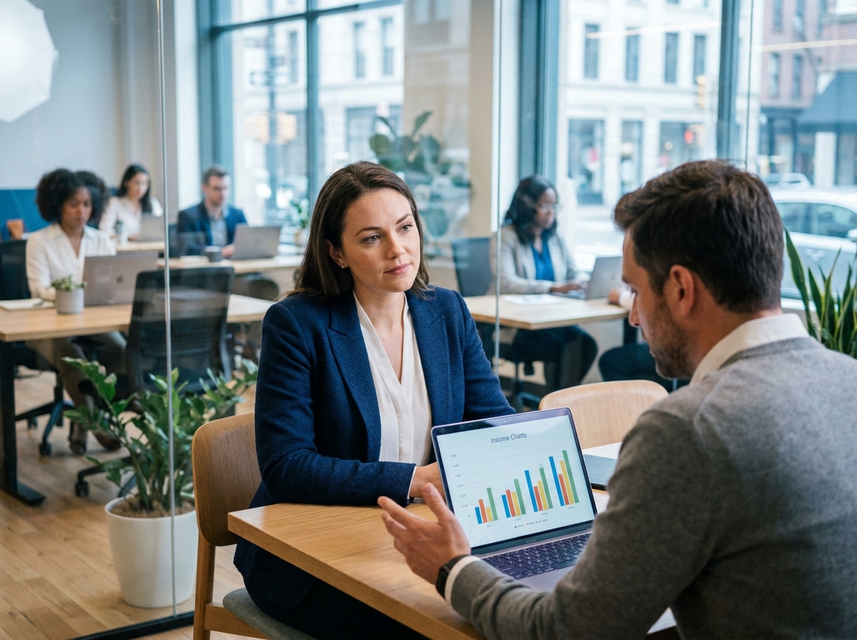 Une femme consultant une experte en portage salarial dans un espace de coworking en analysant des graphiques de revenus nets mensuels