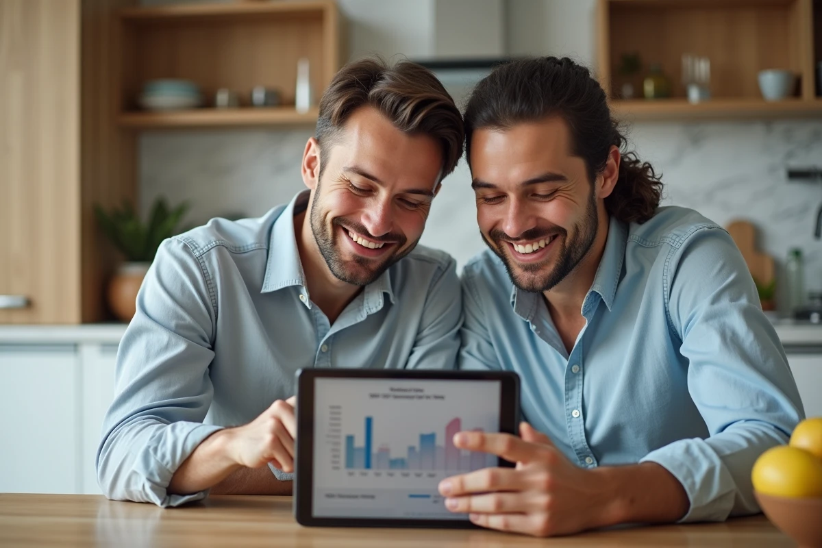 Couple étudiant la rentabilité de leurs investissements SCPI sur une tablette dans leur appartement
