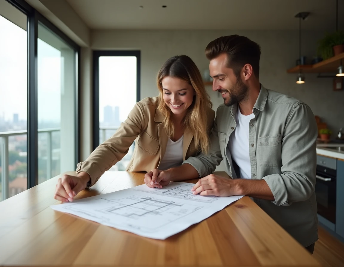Couple étudiant des plans architecturaux dans un appartement rénové aux tendances immobilières modernes