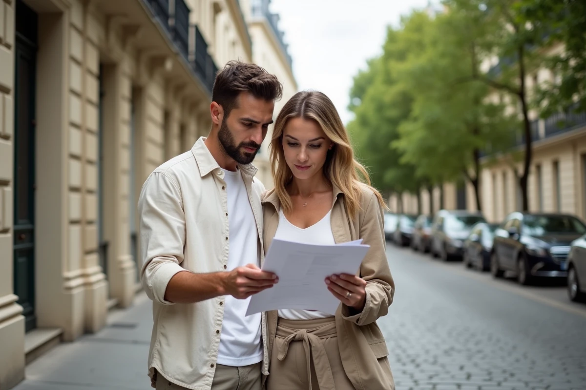 Couple cherchant un bien immobilier devant un immeuble haussmannien à Paris en 2024