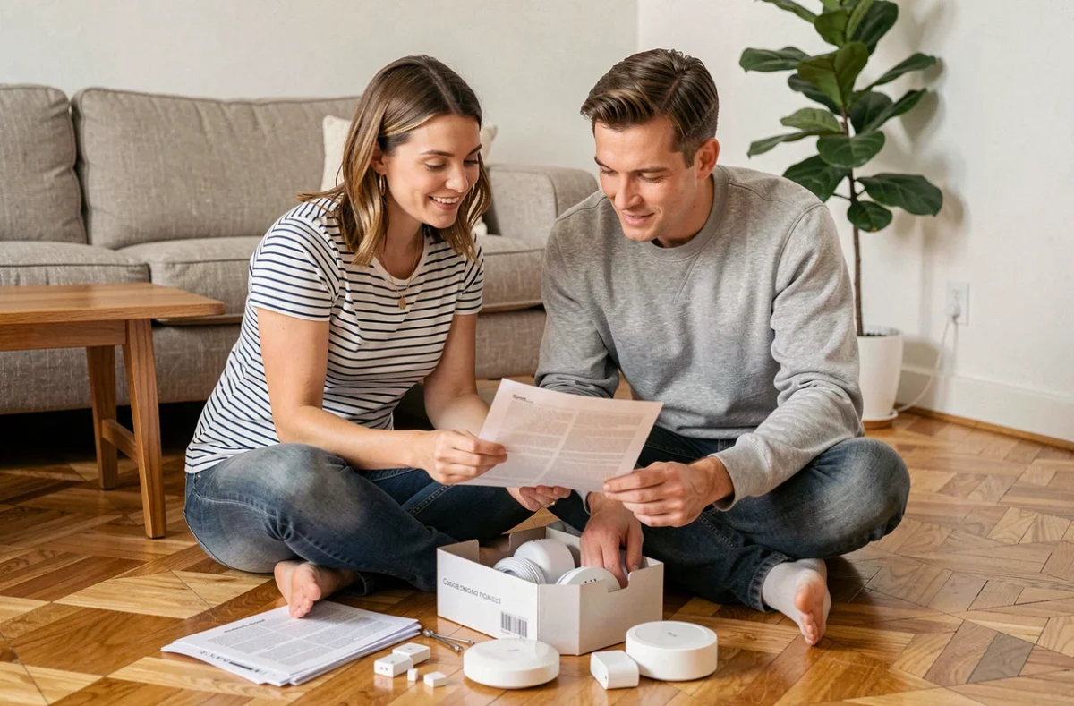 Couple déballant un thermostat connecté pour la maison intelligente, solutions d'équipement habitat moderne