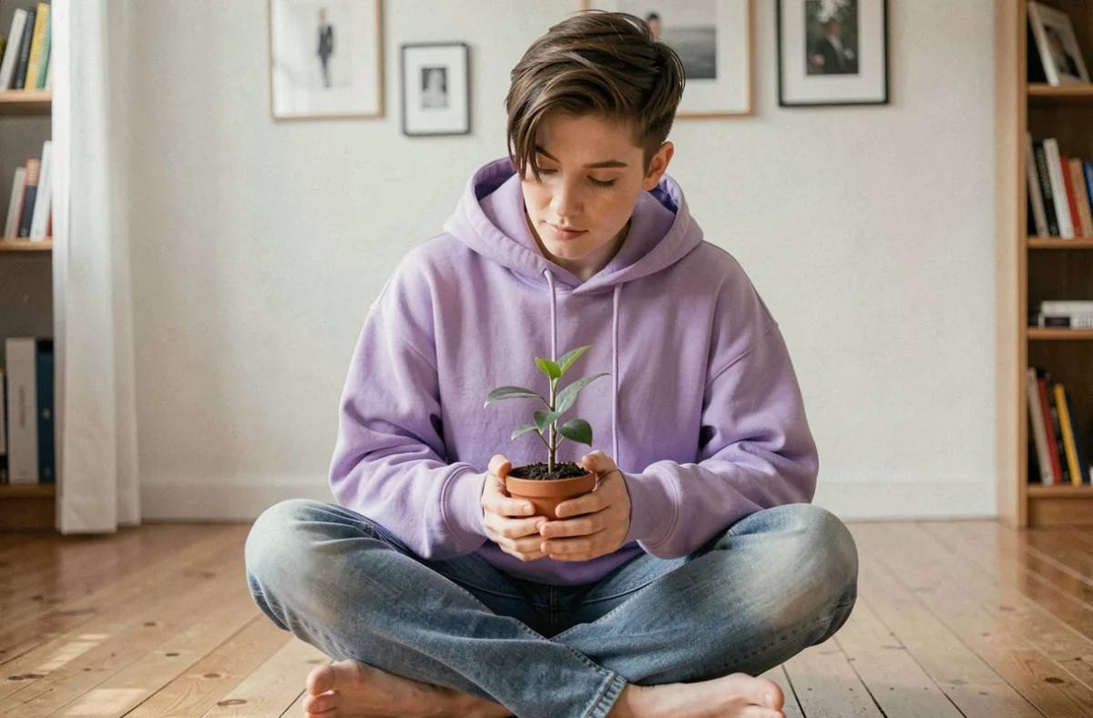 Jeune adulte aux cheveux courts asymétriques portant un hoodie lavande, assis sur un plancher en bois dans un appartement minimaliste, exprimant une introspection liée à l'identité de genre non binaire