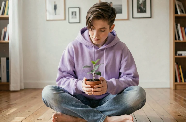 Jeune adulte aux cheveux courts asymétriques portant un hoodie lavande, assis sur un plancher en bois dans un appartement minimaliste, exprimant une introspection liée à l'identité de genre non binaire