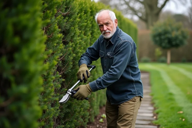 Homme utilisant des cisailles pour désépaissir une haie de buis trop large dans un jardin résidentiel
