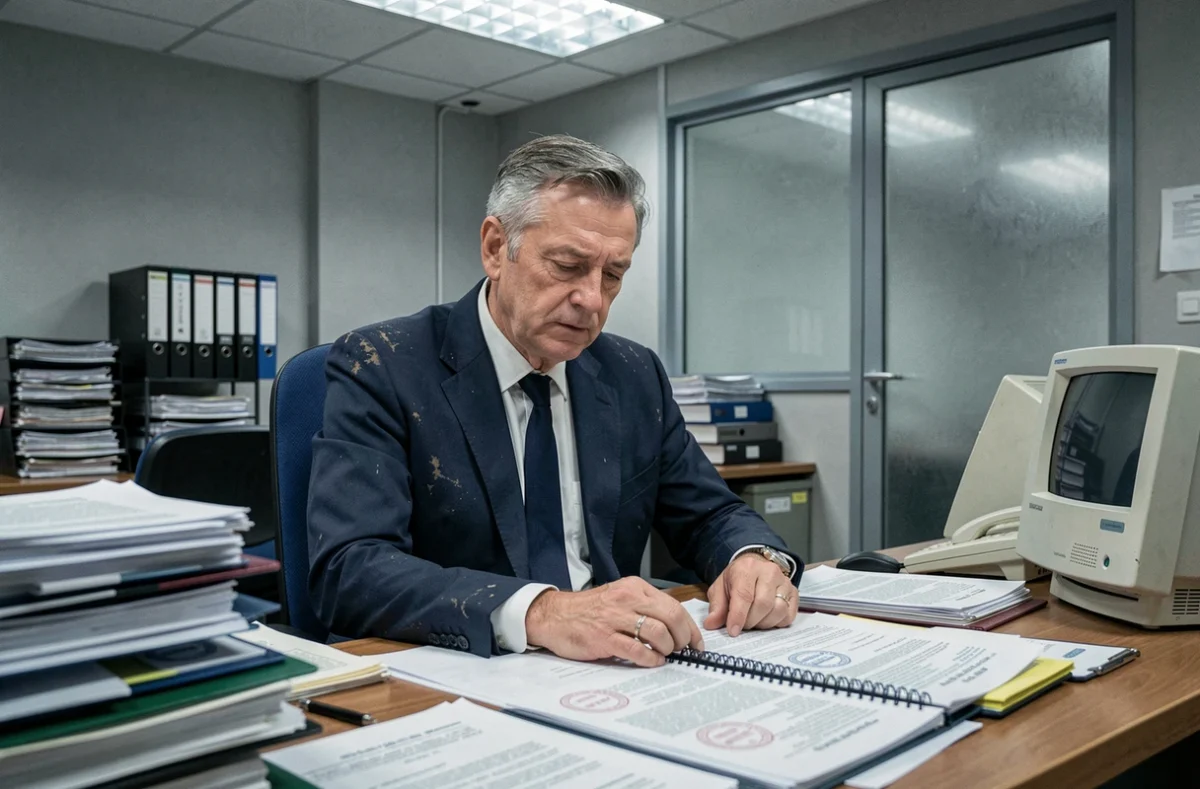 Dirigeant d'entreprise en liquidation judiciaire examinant des documents officiels dans un bureau administratif en France