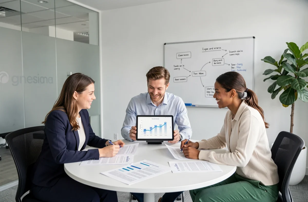 Équipe de professionnels collaborant autour d'une stratégie de croissance d'entreprise grâce aux services Positive Entreprise en ligne