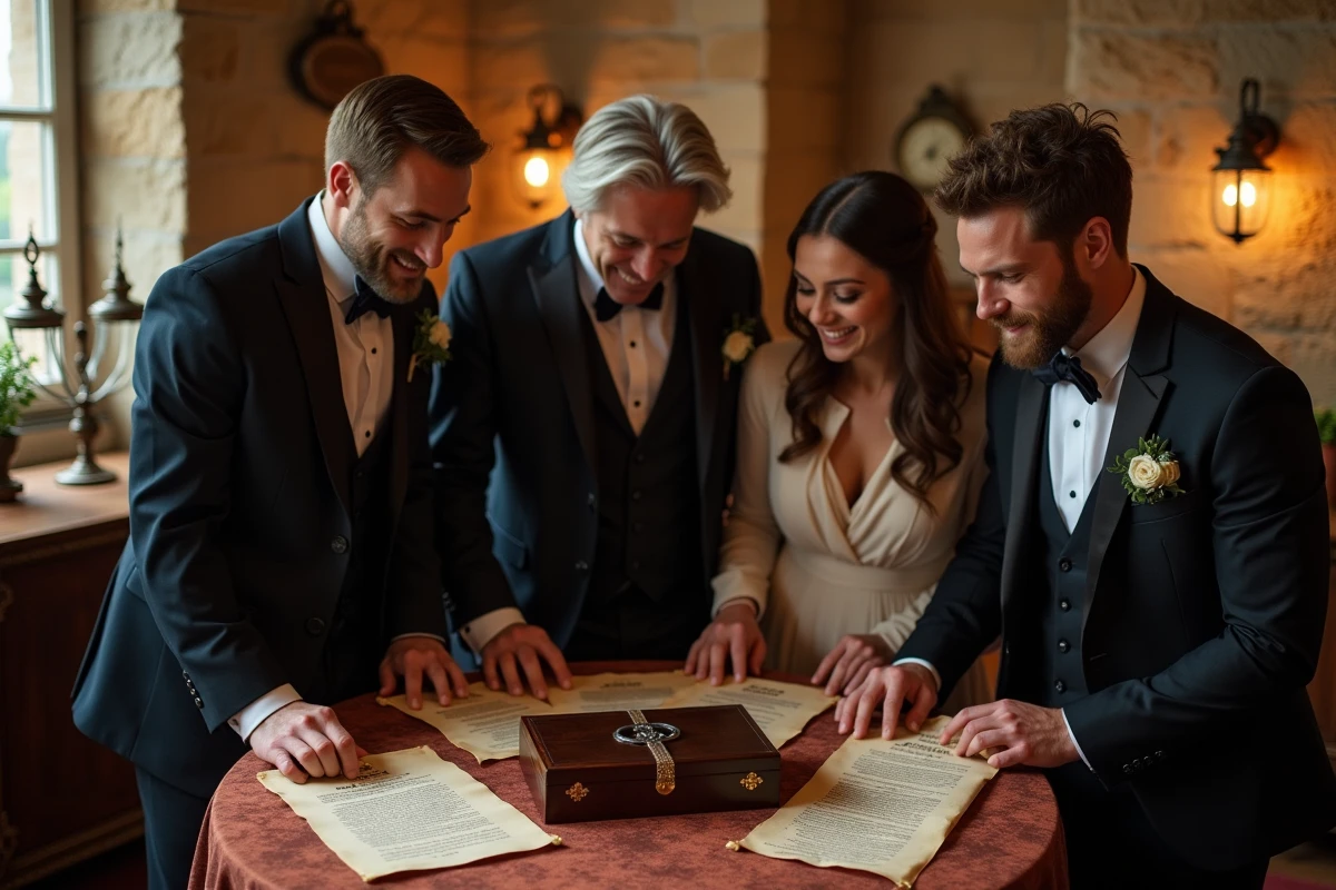 Invités de mariage jouant à un escape game scénarisé dans une salle décorée du lieu de réception