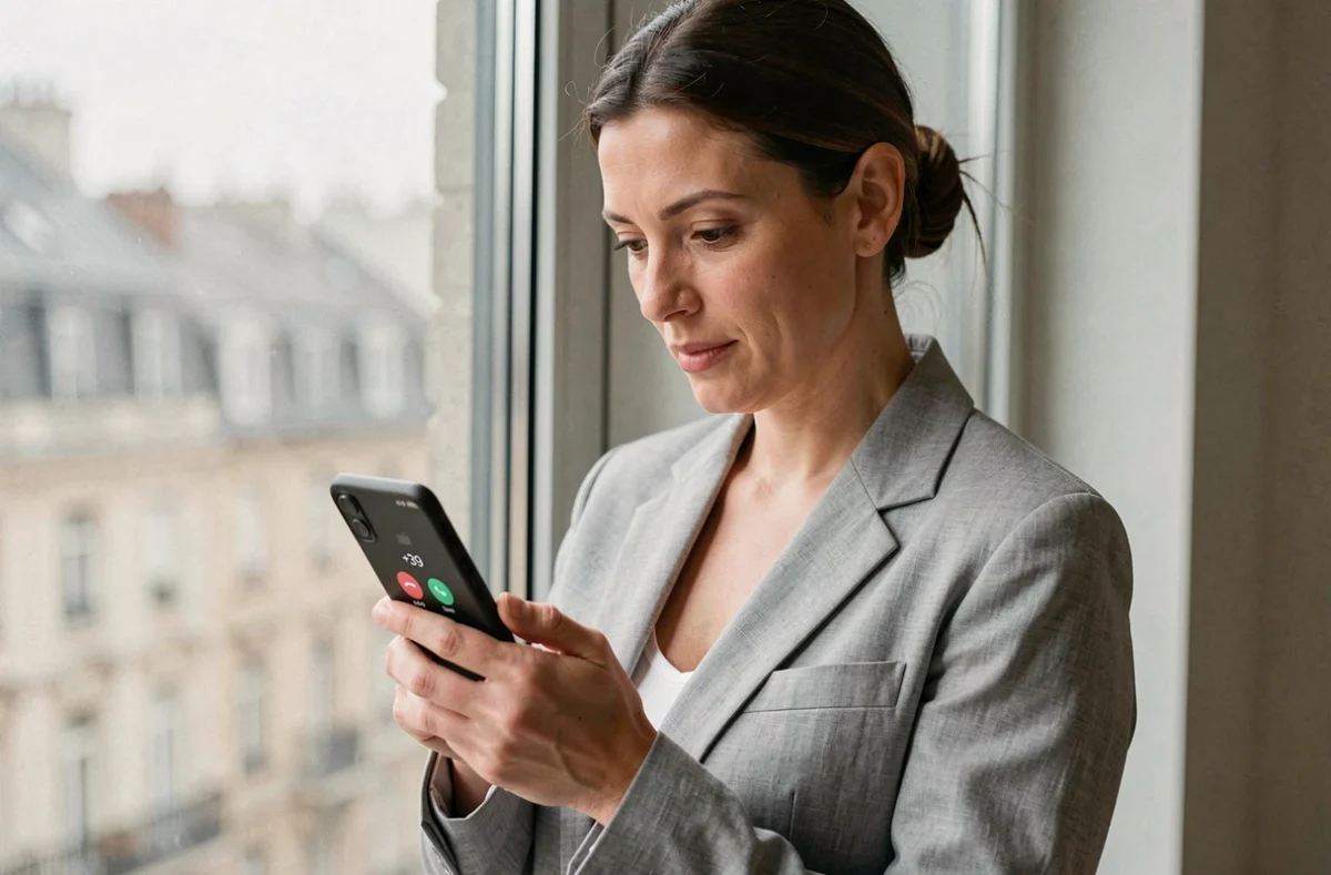 Femme regardant un appel entrant avec l'indicatif +39 sur son smartphone, illustrant comment identifier un appel en provenance d'Italie