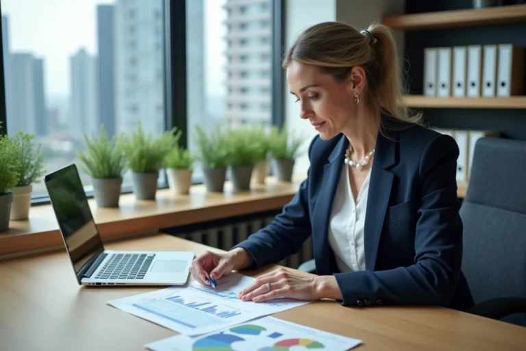Femme cadre analysant des documents de placement SCPI dans un bureau moderne avec vue sur la ville
