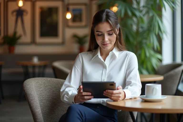Jeune femme au café utilisant une tablette pour lire les actualités