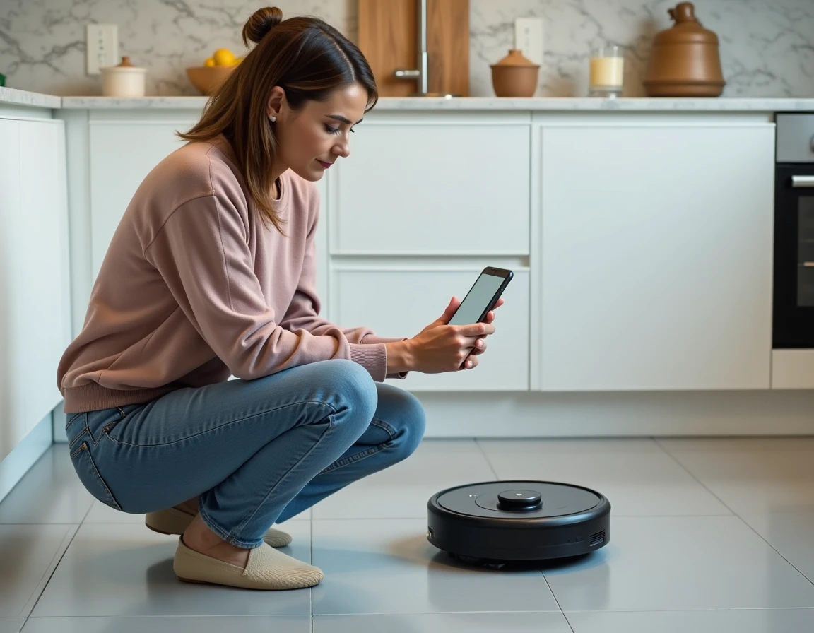 Femme lisant les spécifications techniques d'un aspirateur robot dans une cuisine moderne, tenant un smartphone pour comparer les modèles