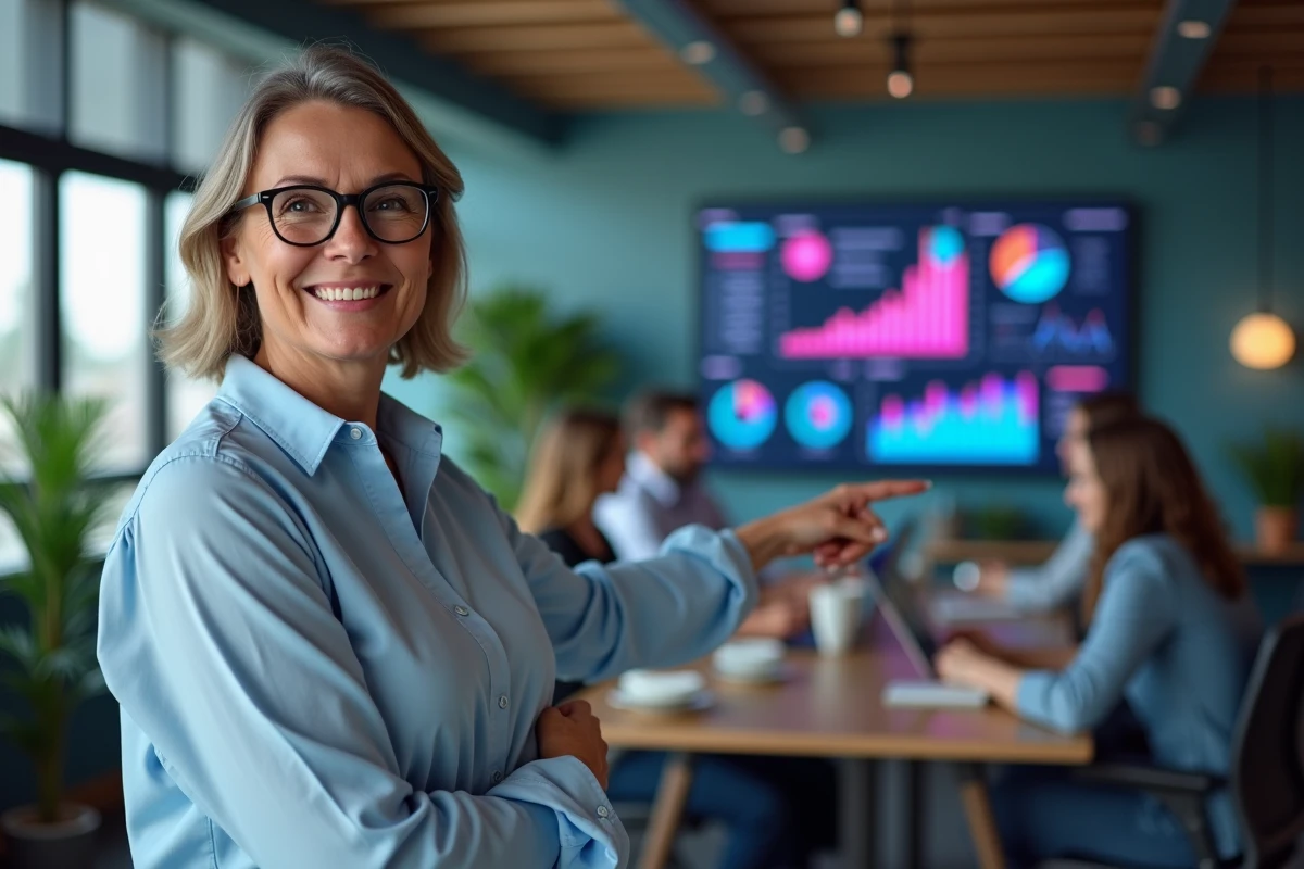Femme pointant un tableau de bord marketing dans un espace de coworking