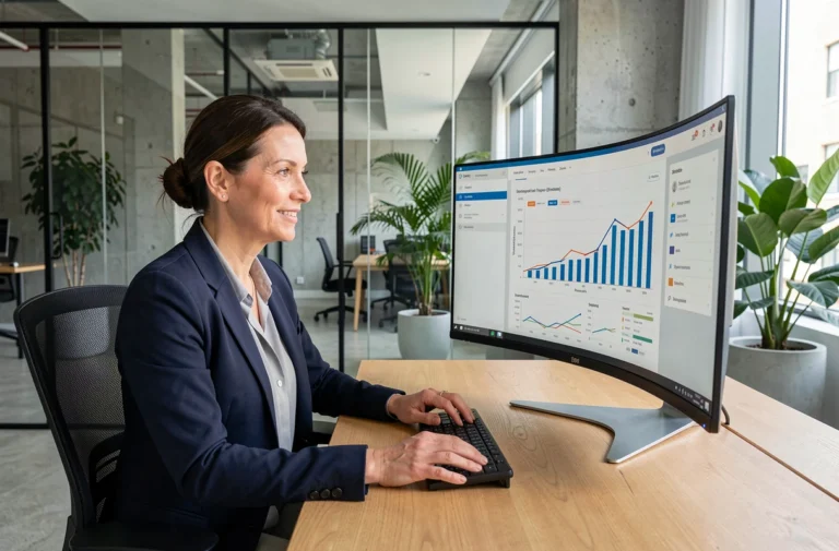 Femme entrepreneur analysant des tableaux de bord numériques dans un espace de coworking moderne pour booster son activité en ligne