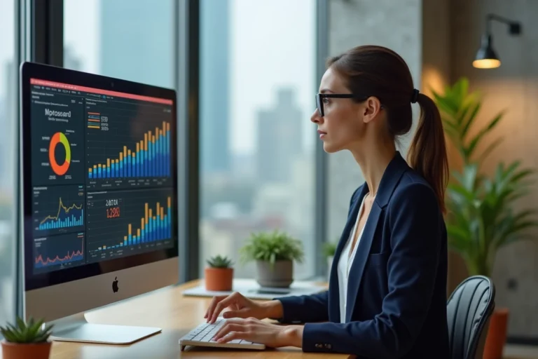 Femme entrepreneur analysant des tendances du commerce en ligne sur un grand écran dans un espace de coworking moderne