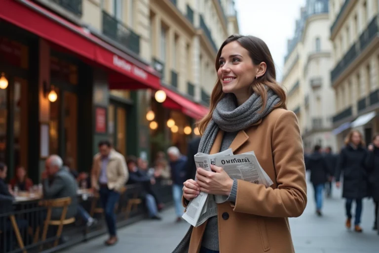 Jeune femme souriante dans une rue parisienne historique