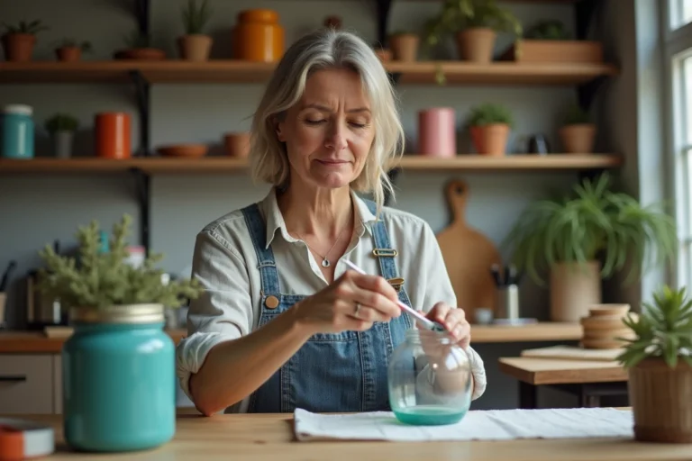Femme peignant un verre dans une cuisine chaleureuse