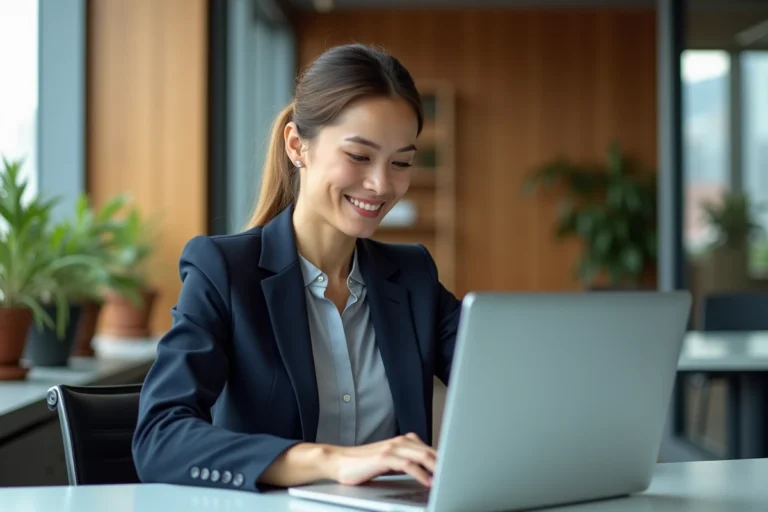 Femme professionnelle explorant les rubriques et services d'une plateforme numérique sur un ordinateur portable dans un bureau moderne