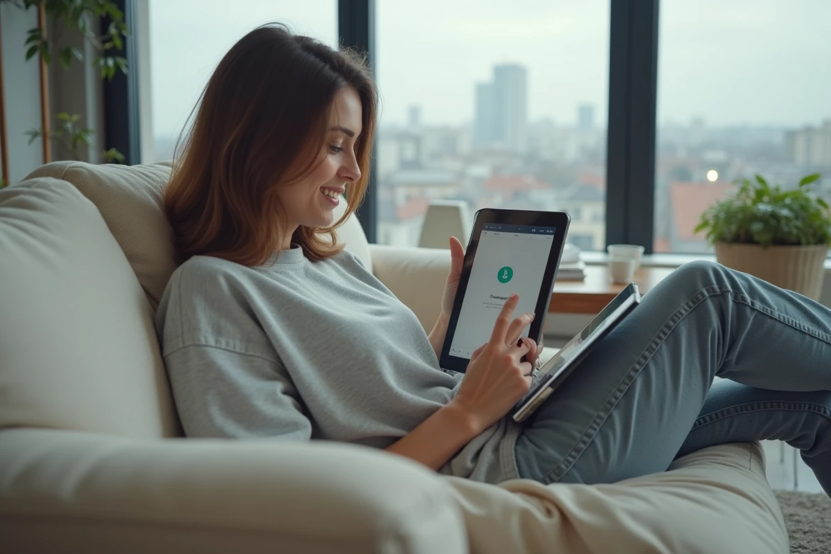 Femme utilisant une tablette pour accéder à une plateforme de téléchargement dans son salon moderne