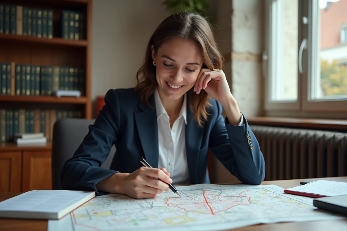 Jeune femme en intérieur examinant une carte cadastrale