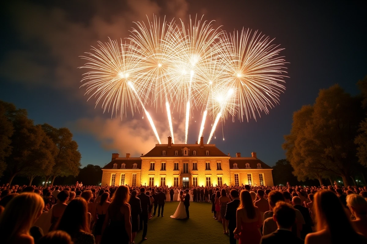 Feux d'artifice spectaculaires éclatant dans le ciel nocturne au-dessus d'un château lors de la clôture d'un mariage